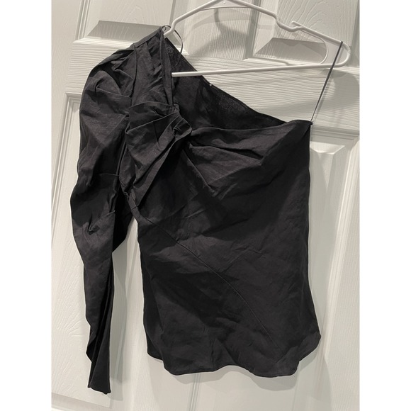 ZARA One Shoulder Top Puff Sleeve Ruched Party Cocktail Blouse Black Linen Blend - Picture 1 of 7
